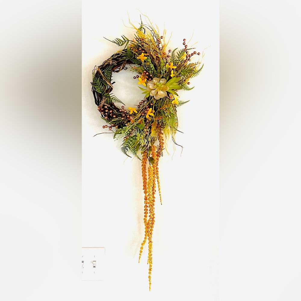Yellow  wreath with wooden dragonflies and faux succulents